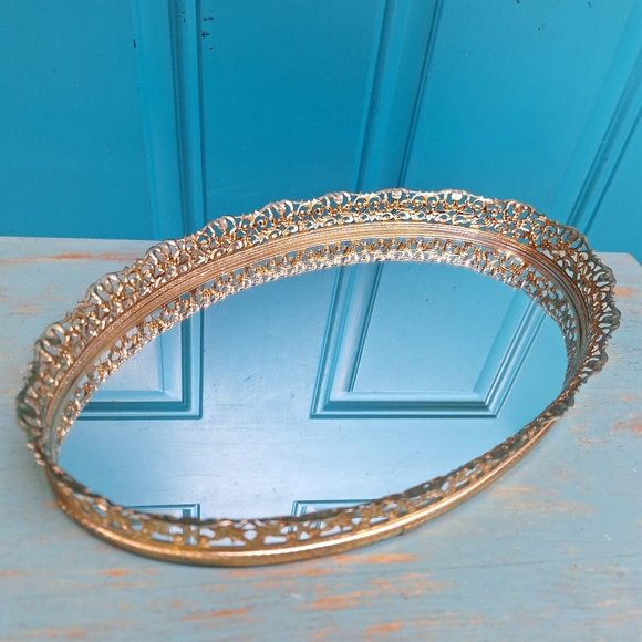 Vintage Vanity Mirror Tray Gold Perfume Trey MCM Art Deco Oval Shape Ornate Mint - Picture 11 of 11